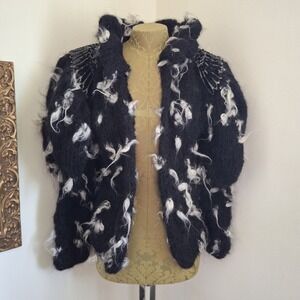 Vintage RARE 90s Handknit Mohair Open Cardigan Sweater Sequin Wing Shoulders